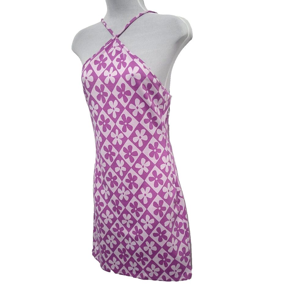 Forever 21 Retro Daisy Y2K halter Dress M Checkerboard Purple mod flower power - Picture 2 of 11
